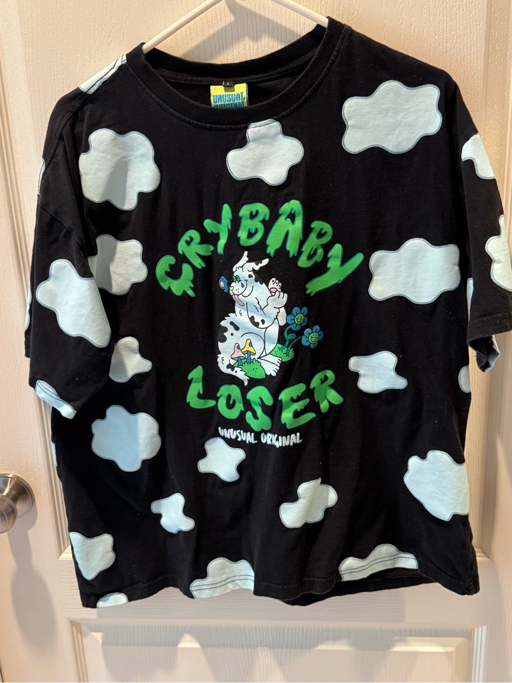 Unusual Original Brand Crybaby Graphic Tee - Black with Light Blue Cloud Print